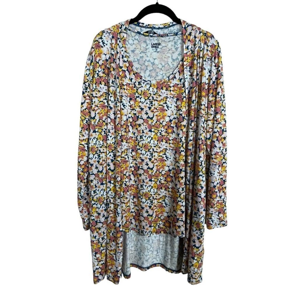 Lands End Cardigan Two Piece Set Floral Mauve Pink Yellow Size M